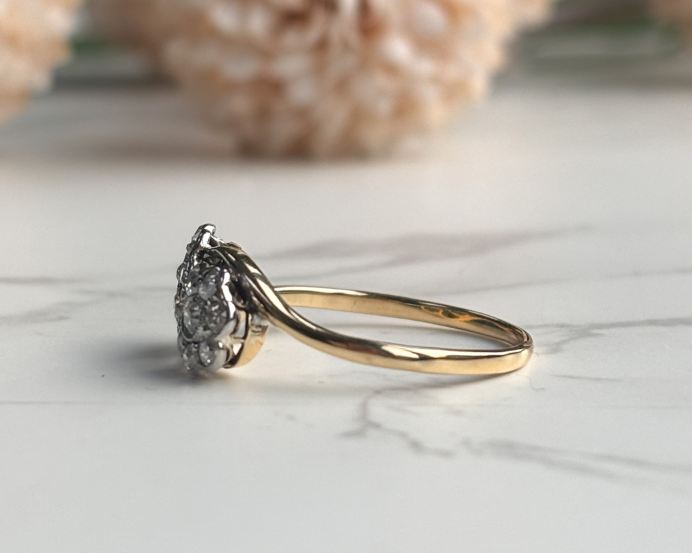 art deco double diamond ring in 18ct yellow gold and platinum, side view