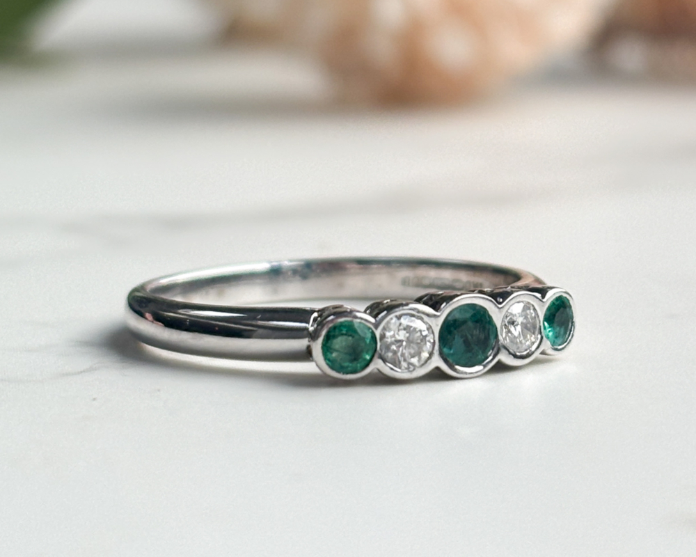 vintage emerald and diamond five stone ring in 18ct white gold for sale