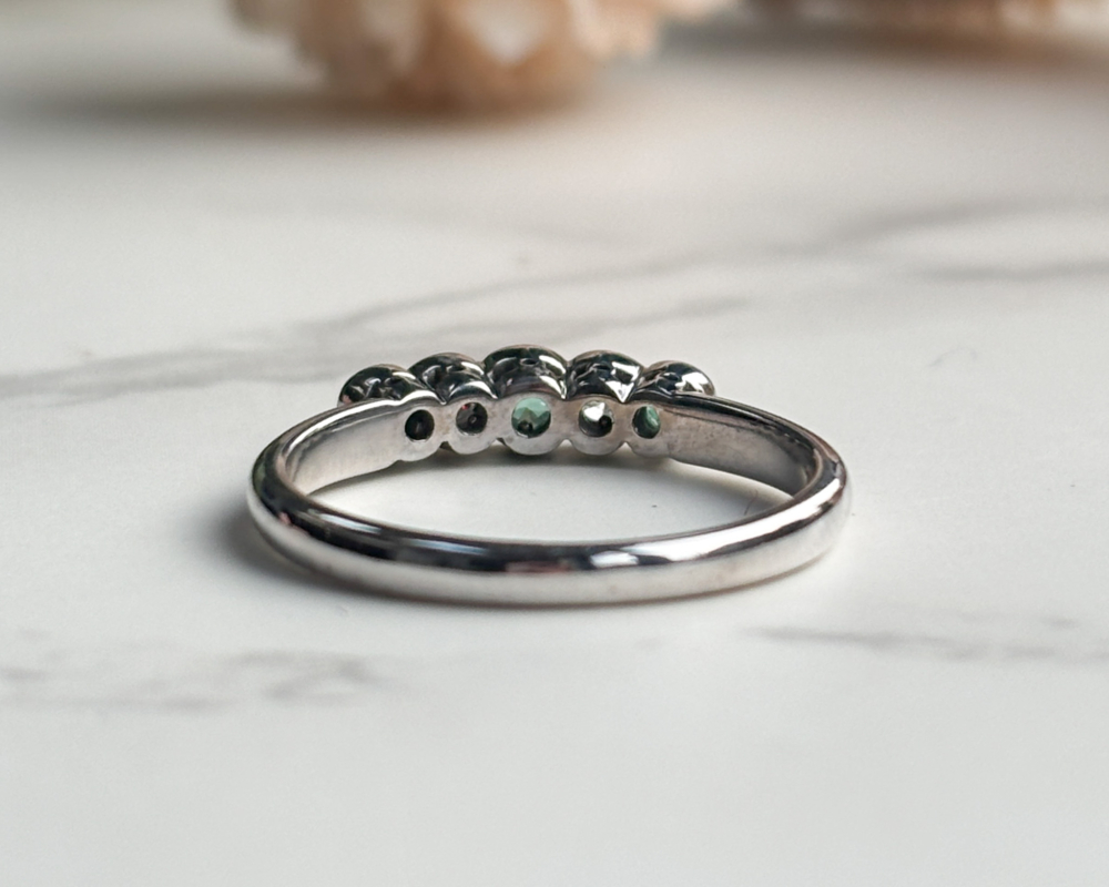 vintage emerald and diamond five stone ring in 18ct white gold for sale -back of ring