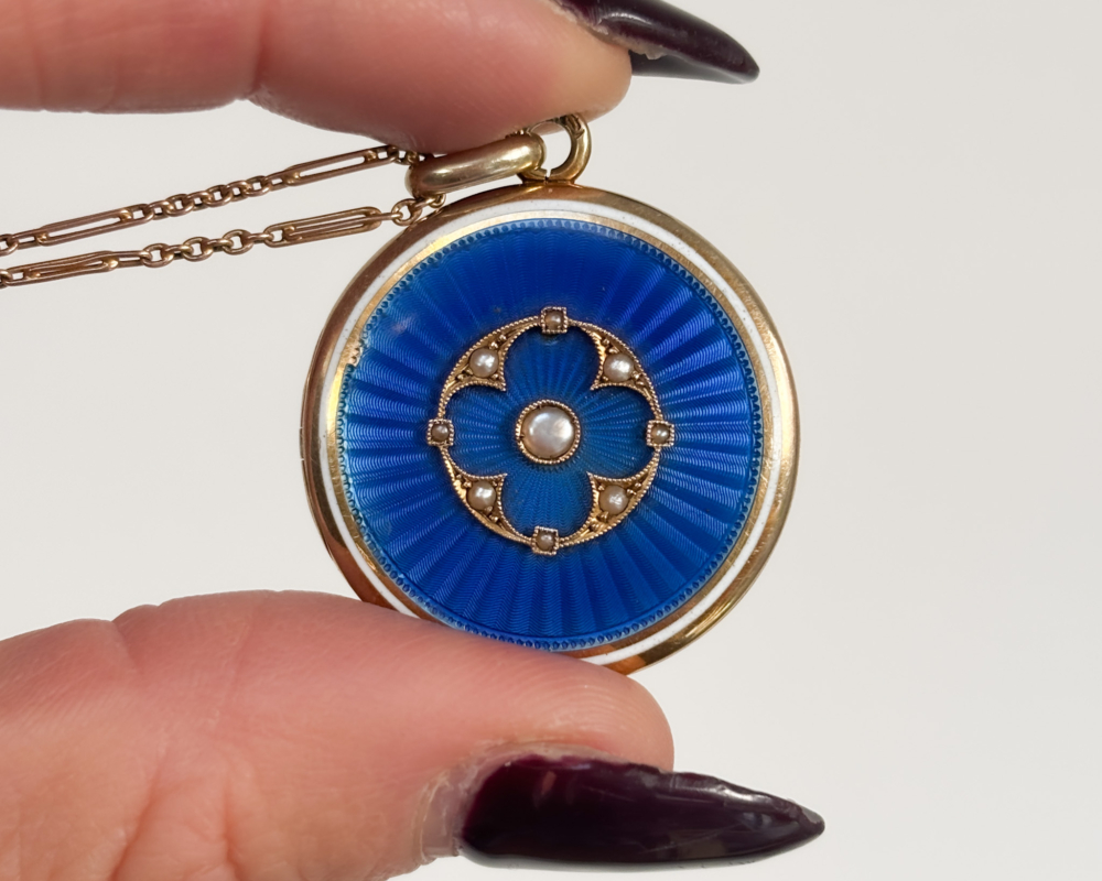 Edwardian blue enamel locket in 9ct gold for sale