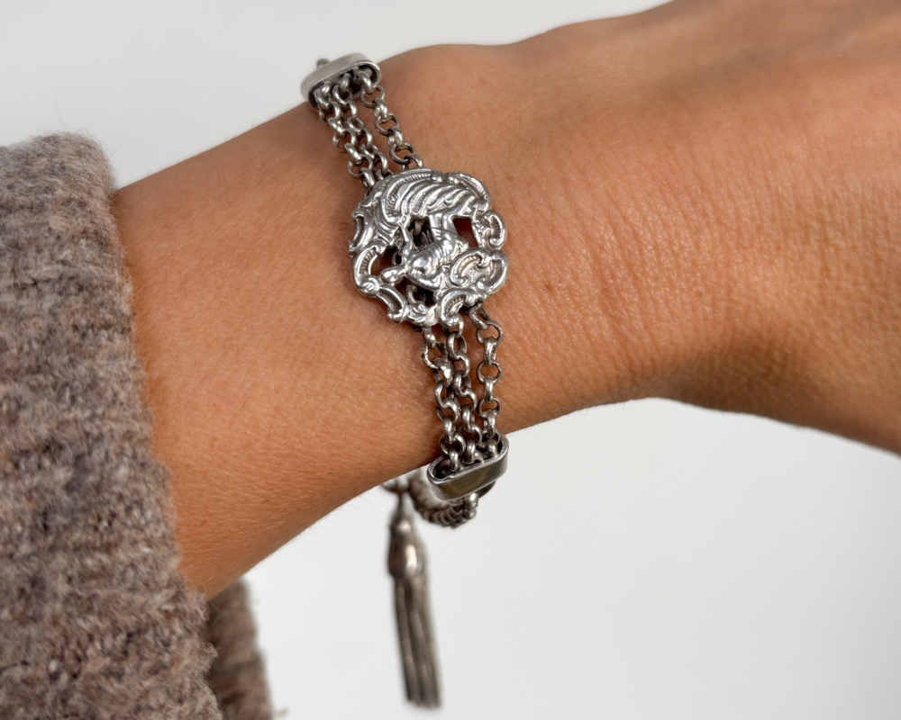 antique Victorian silver Albertina bracelet for sale, shown on woman's wrist
