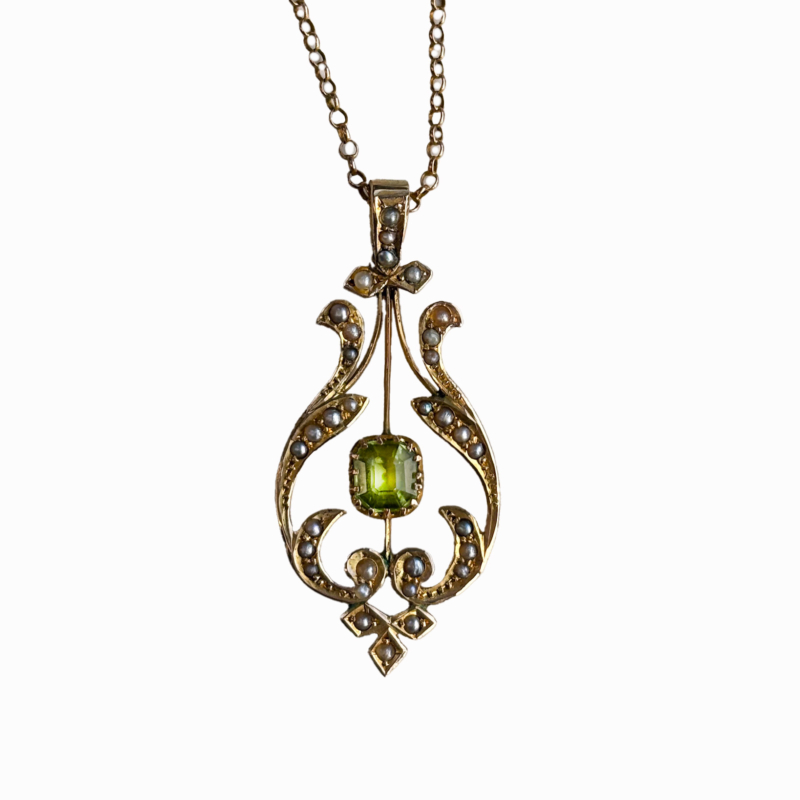 antique Edwardian peridot necklace with seed pearls in 9ct gold
