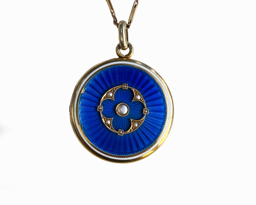 Edwardian blue enamel locket in 9ct gold for sale