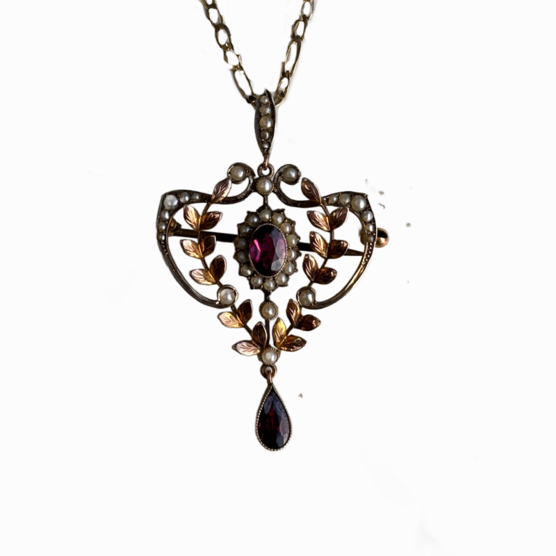 antique Edwardian garnet pendant-brooch for sale with seed pearls in 9ct gold