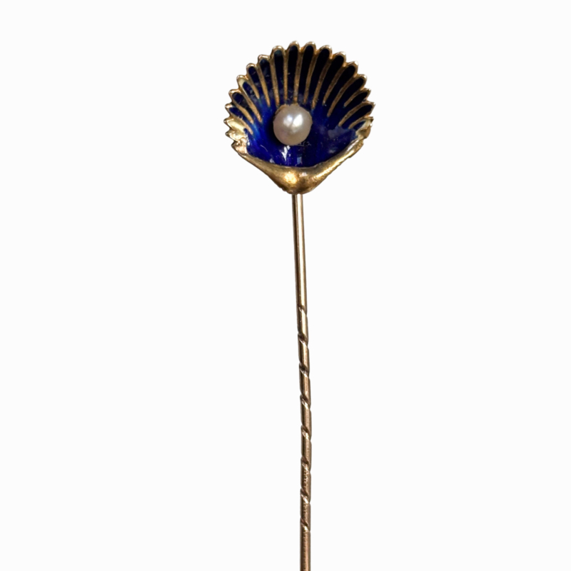 antique Victorian shell stick pin in 9ct gold, enamel and seed pearl