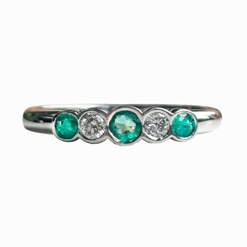vintage emerald and diamond five stone ring in 18ct white gold for sale