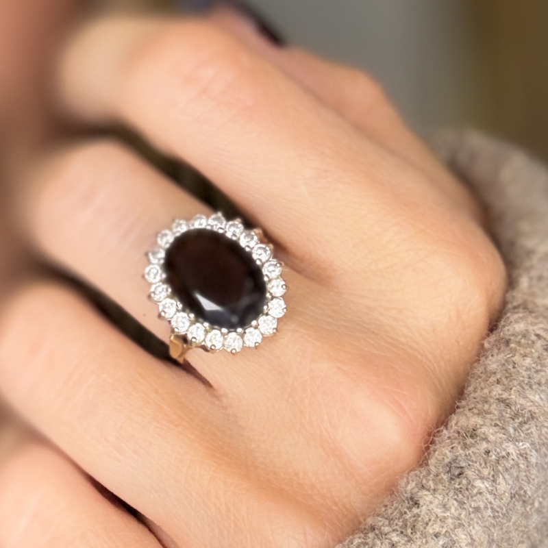 vintage smoky quartz and cubic zirconia cluster statement ring for sale. Shown on woman's finger