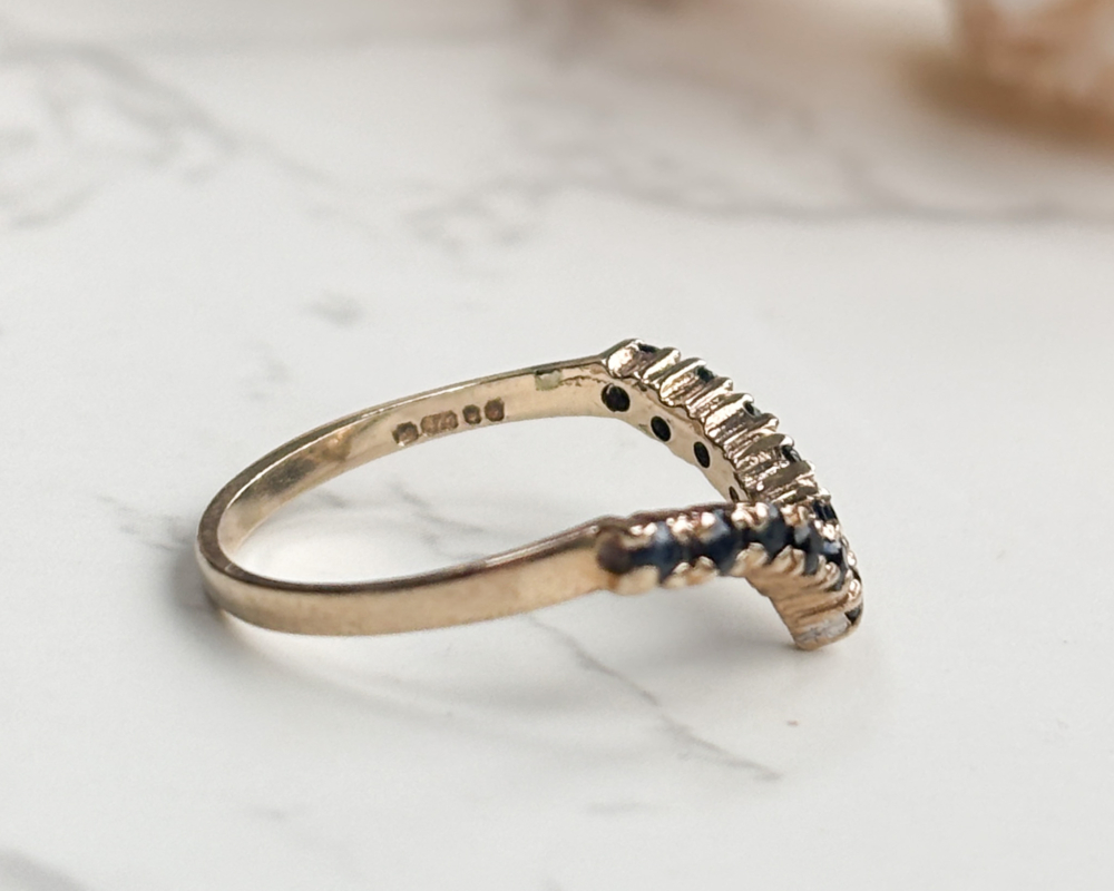 vintage sapphire wishbone ring in 9ct yellow gold for sale showing side view