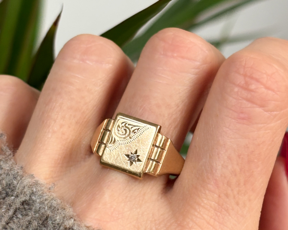 vintage 9ct gold diamond signet ring for sale shown on hand
