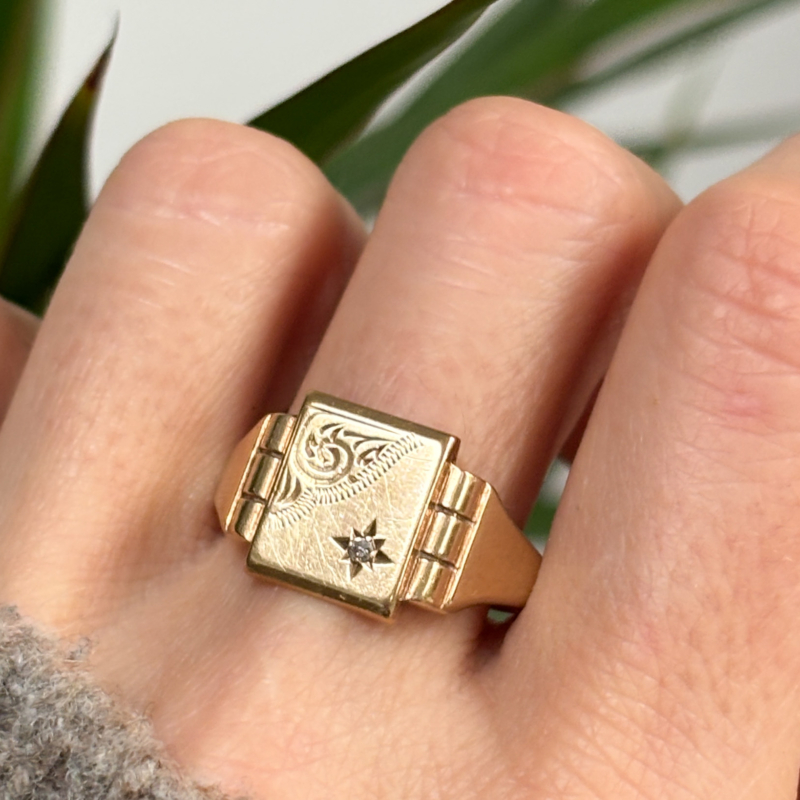 vintage 9ct gold diamond signet ring for sale shown on hand