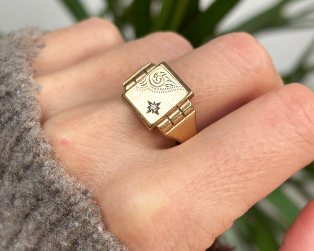 vintage 9ct gold diamond signet ring for sale shown on hand