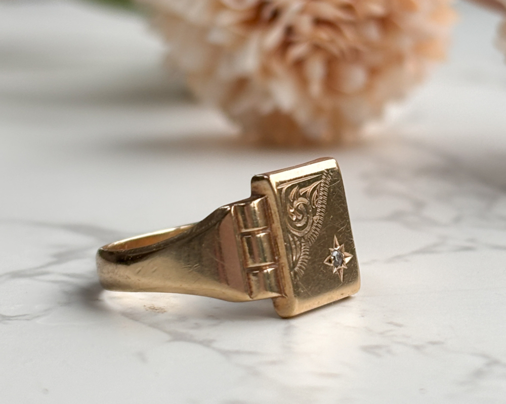 vintage 9ct gold diamond signet ring for sale, showing side of the ring
