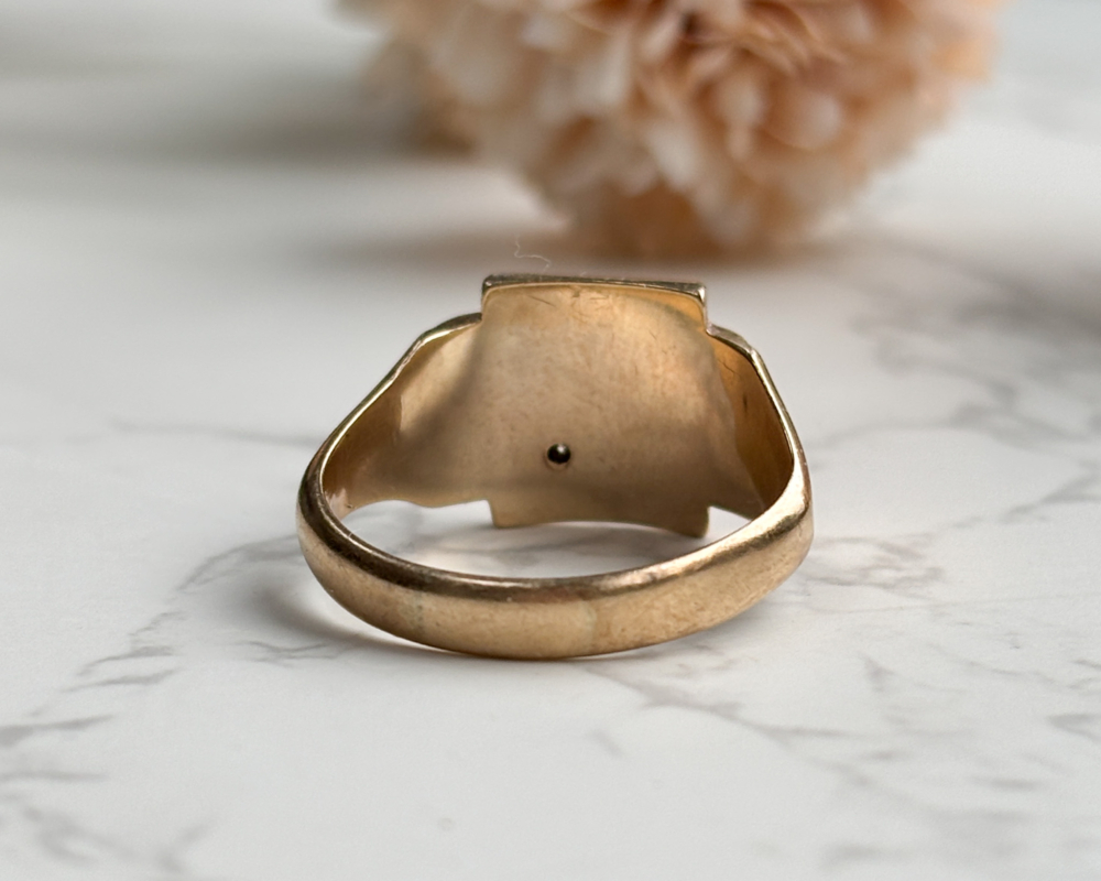 vintage 9ct gold diamond signet ring for sale, showing back of the ring
