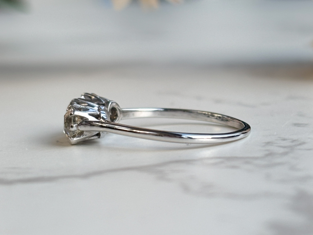 antique Edwardian three stone diamond ring in 18ct white gold and platinum. for sale in Leeds, UK, side of the ring