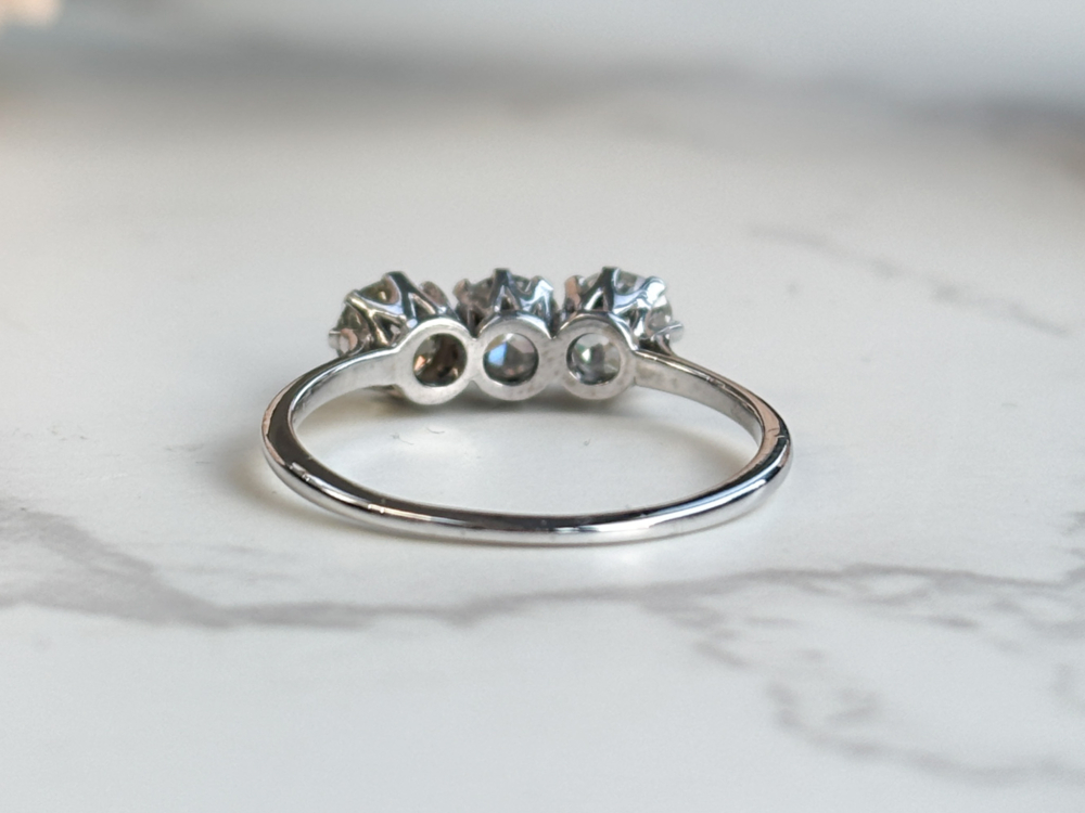 antique Edwardian three stone diamond ring in 18ct white gold and platinum. for sale in Leeds, UK, back of the ring