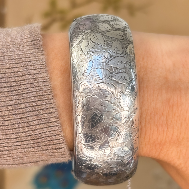 antique Victorian silver bangle with floral pattern engraved. for sale in Leeds, UK