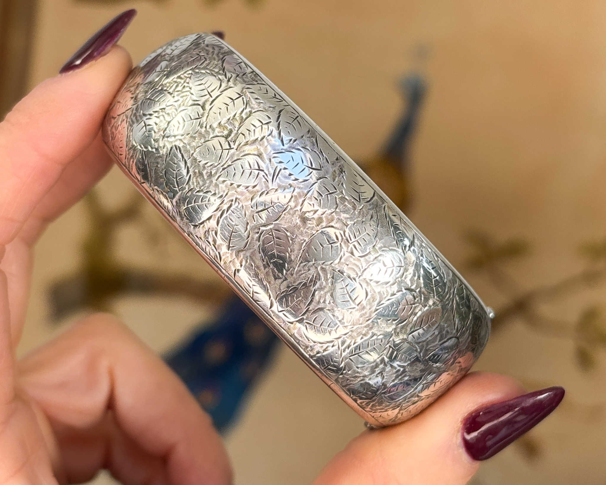 Victorian wide silver floral bangle