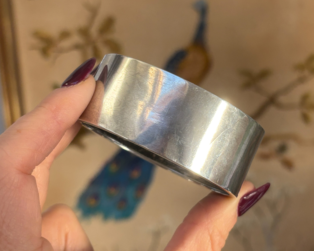 Victorian silver bangle depicting rural church scene for sale, showing reverse