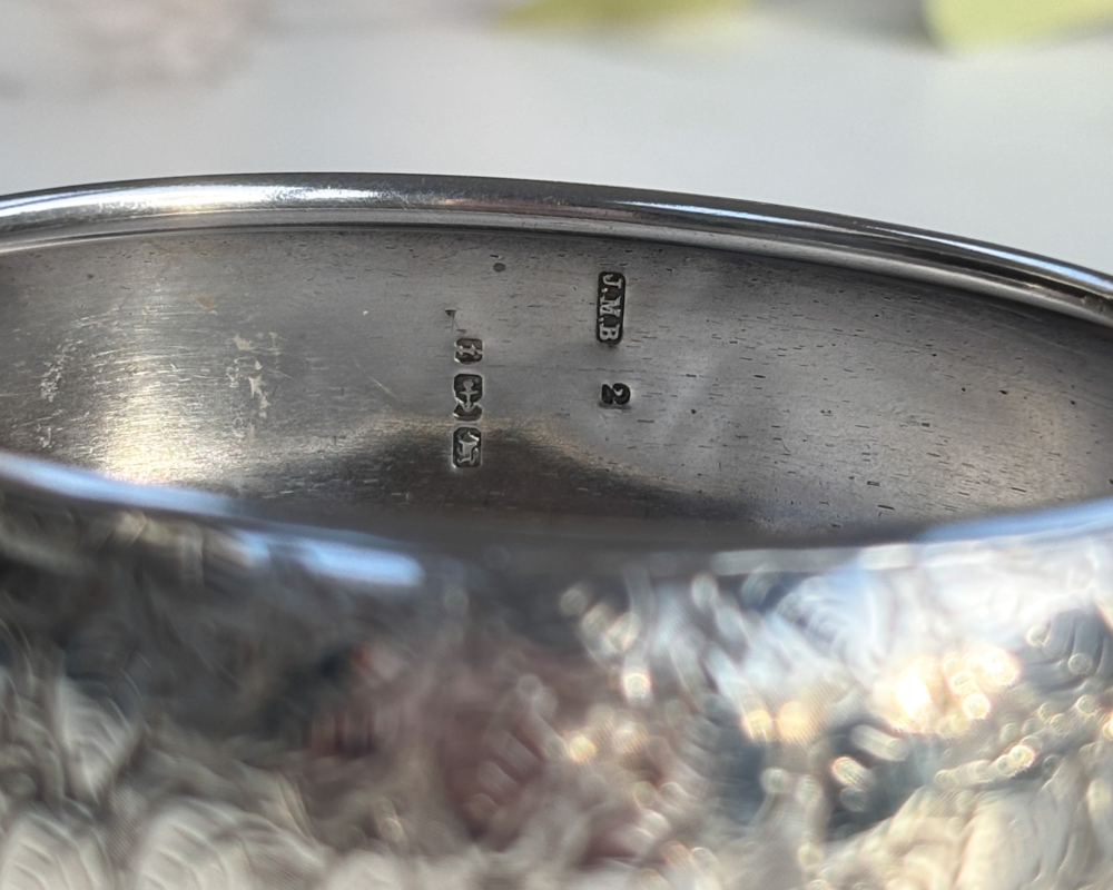 antique Victorian silver bangle with floral pattern engraved. for sale in Leeds, UK, close up of hallmark