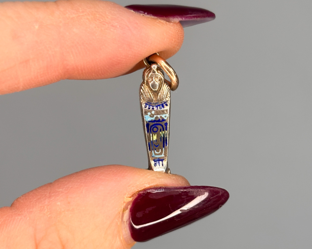 antique Egyptian Revival sarcophagus charm in silver gilt and enamel for sale in Leeds