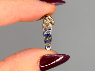 antique Egyptian Revival sarcophagus charm in silver gilt and enamel for sale in Leeds