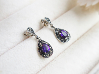 vintage style silver, marcasite and amethyst drop earrings for sale