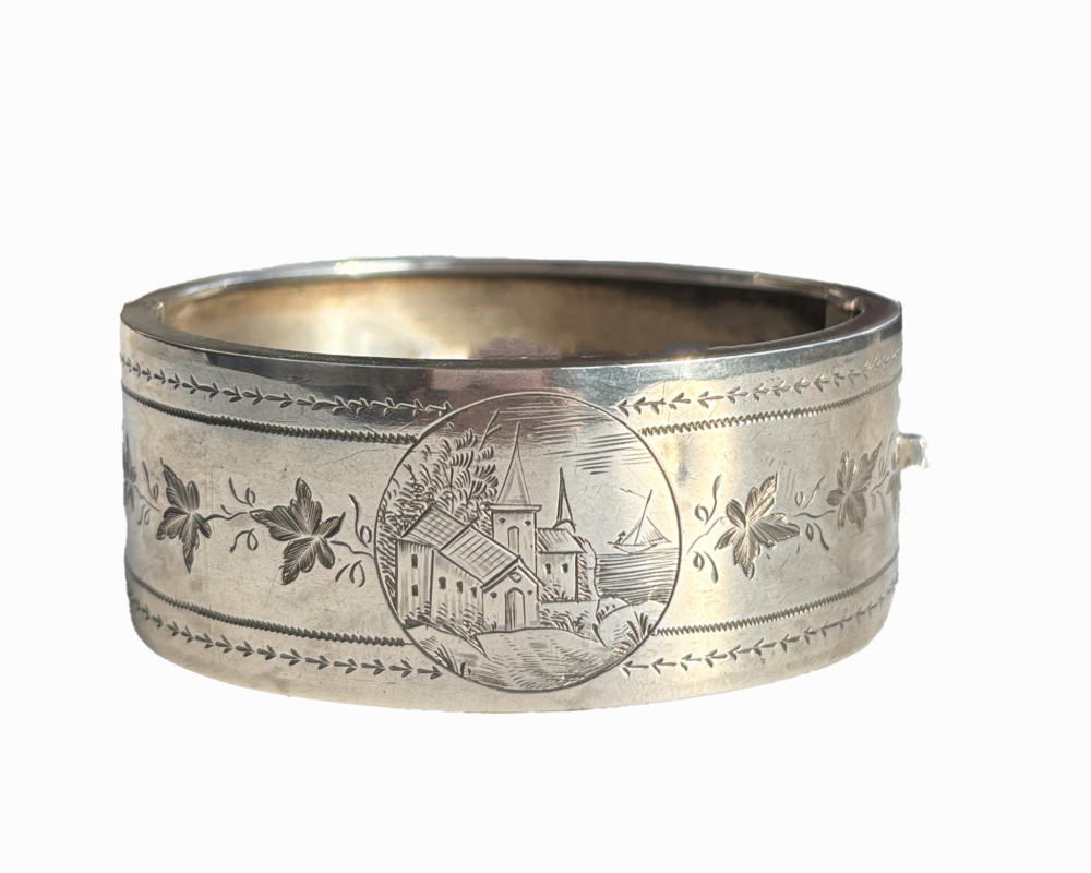 Victorian silver bangle depicting rural church scene for sale