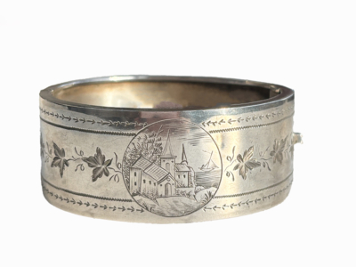 Victorian silver bangle depicting rural church scene for sale