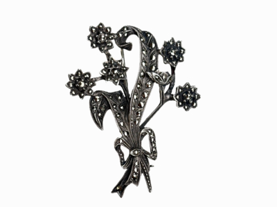 antique silver and marcasite brooch in the form of a floral spray for sale in Leeds