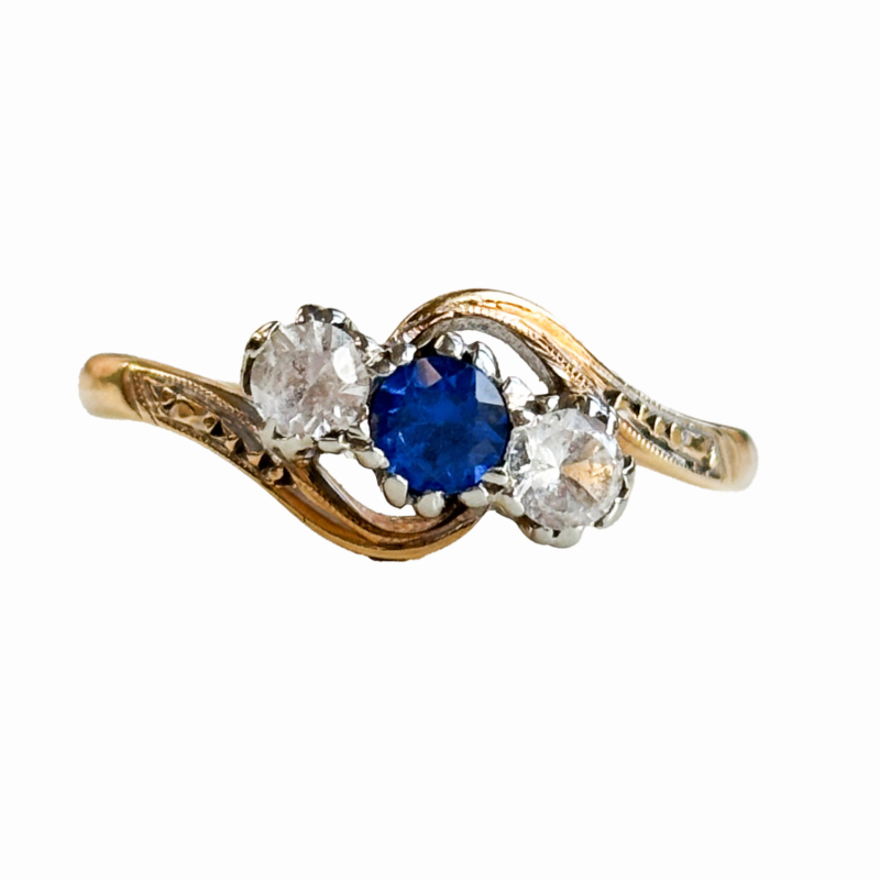 antique bypass ring with blue and white stones in 18ct gold for sale in Leeds