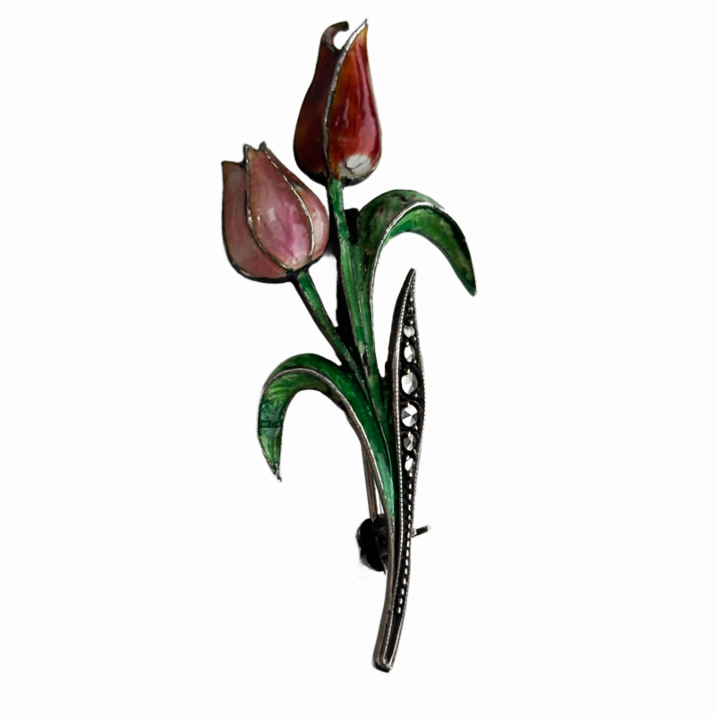 mid century vintage silver and enamel tulip brooch set with a marcasite stem. For sale in Leeds