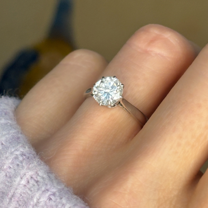 Antique Art Deco diamond solitaire ring 1.48ct Si2 clarity H colour in 18ct white gold for sale in Leeds, UK, shown on hand
