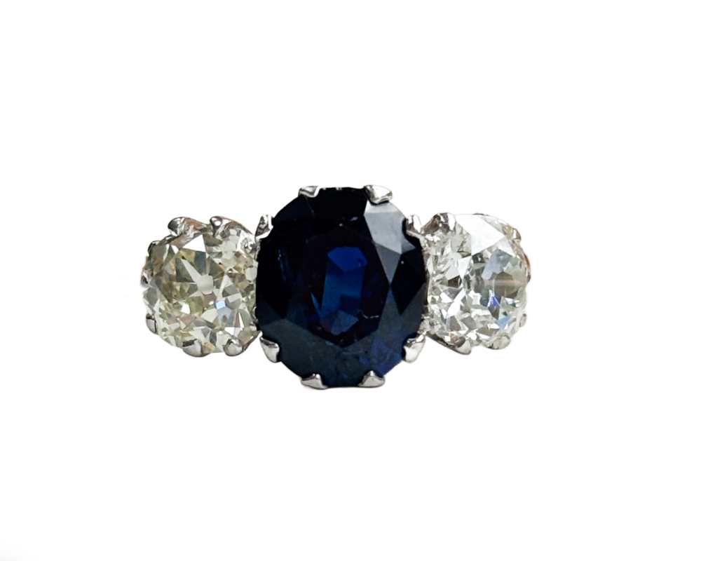 art deco sapphire and diamond three stone in platinum with 2ct sapphire and 1.2ct diamonds for sale in Leeds