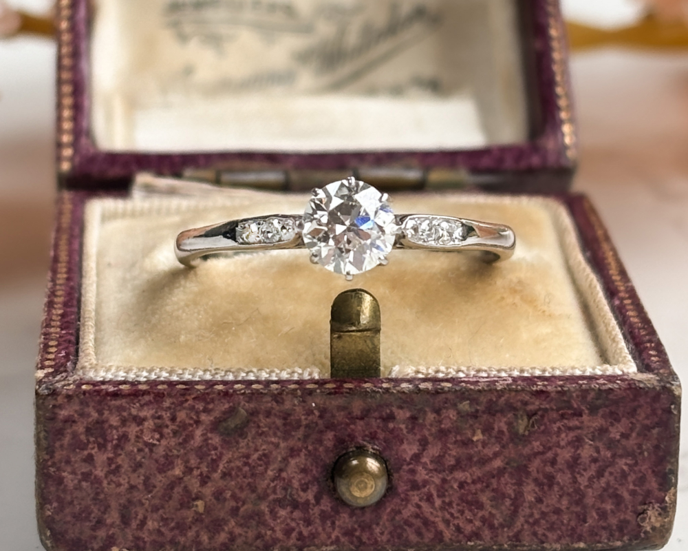 antique Art Deco 1930s diamond solitaire 0.45ct for sale in Leeds. Shown in an antique brown box.