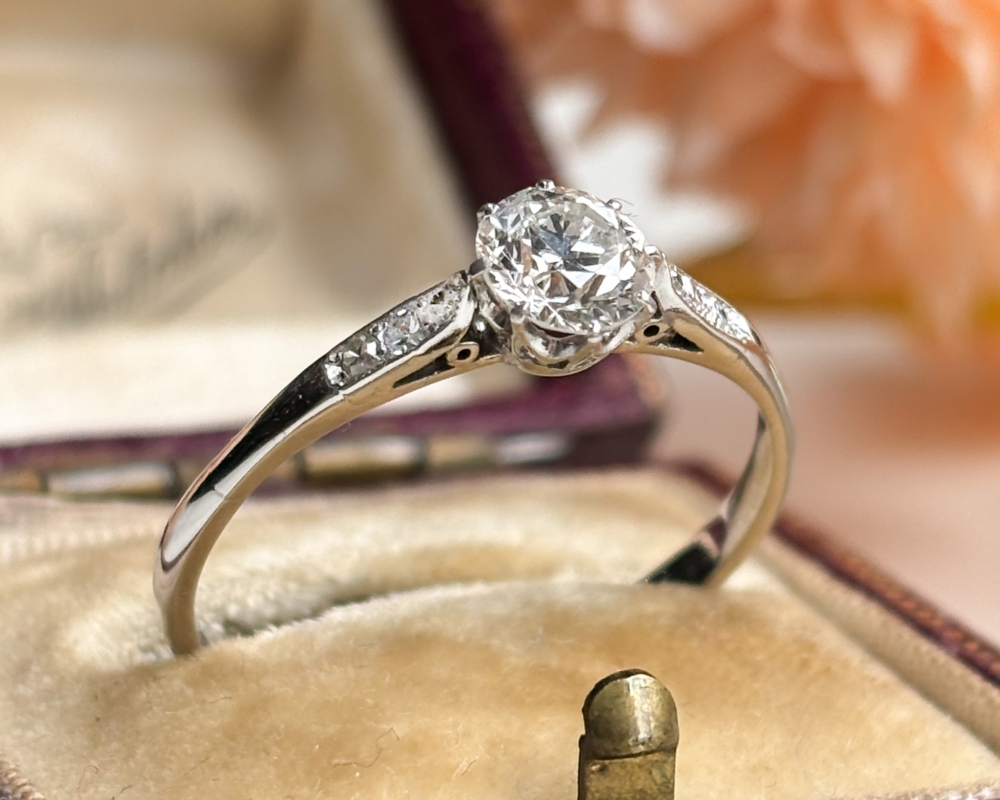 antique Art Deco 1930s diamond solitaire 0.45ct for sale in Leeds. Shown in an antique brown box.