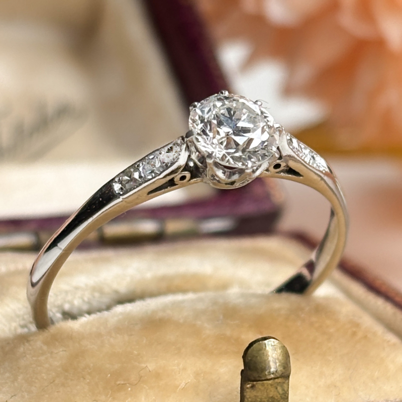 antique Art Deco 1930s diamond solitaire 0.45ct for sale in Leeds. Shown in an antique brown box.