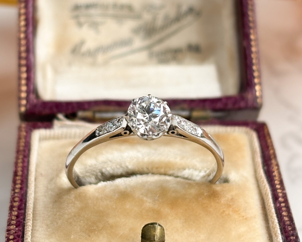 antique Art Deco 1930s diamond solitaire 0.45ct for sale in Leeds. Shown in an antique brown box.