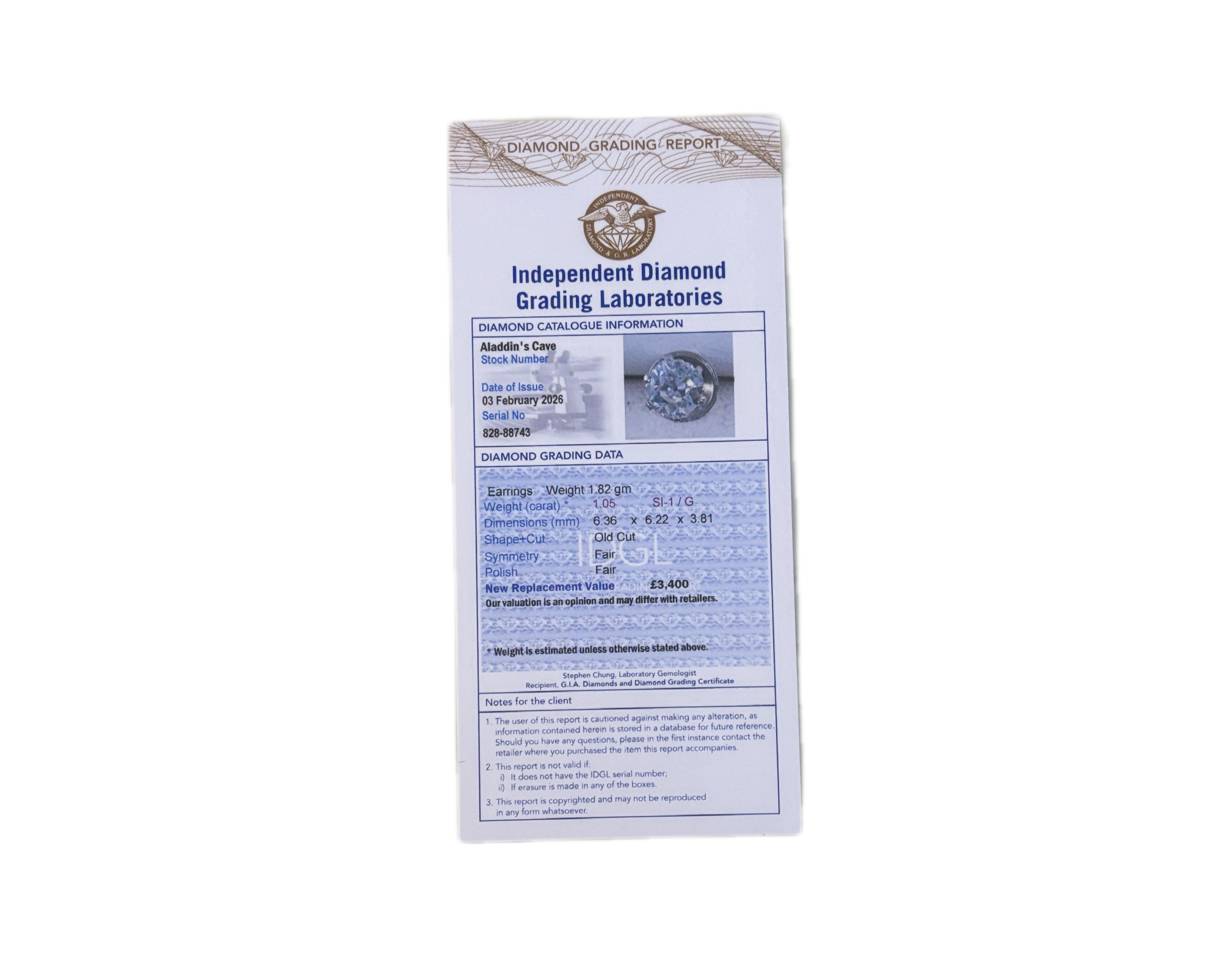 certificate for diamond studs