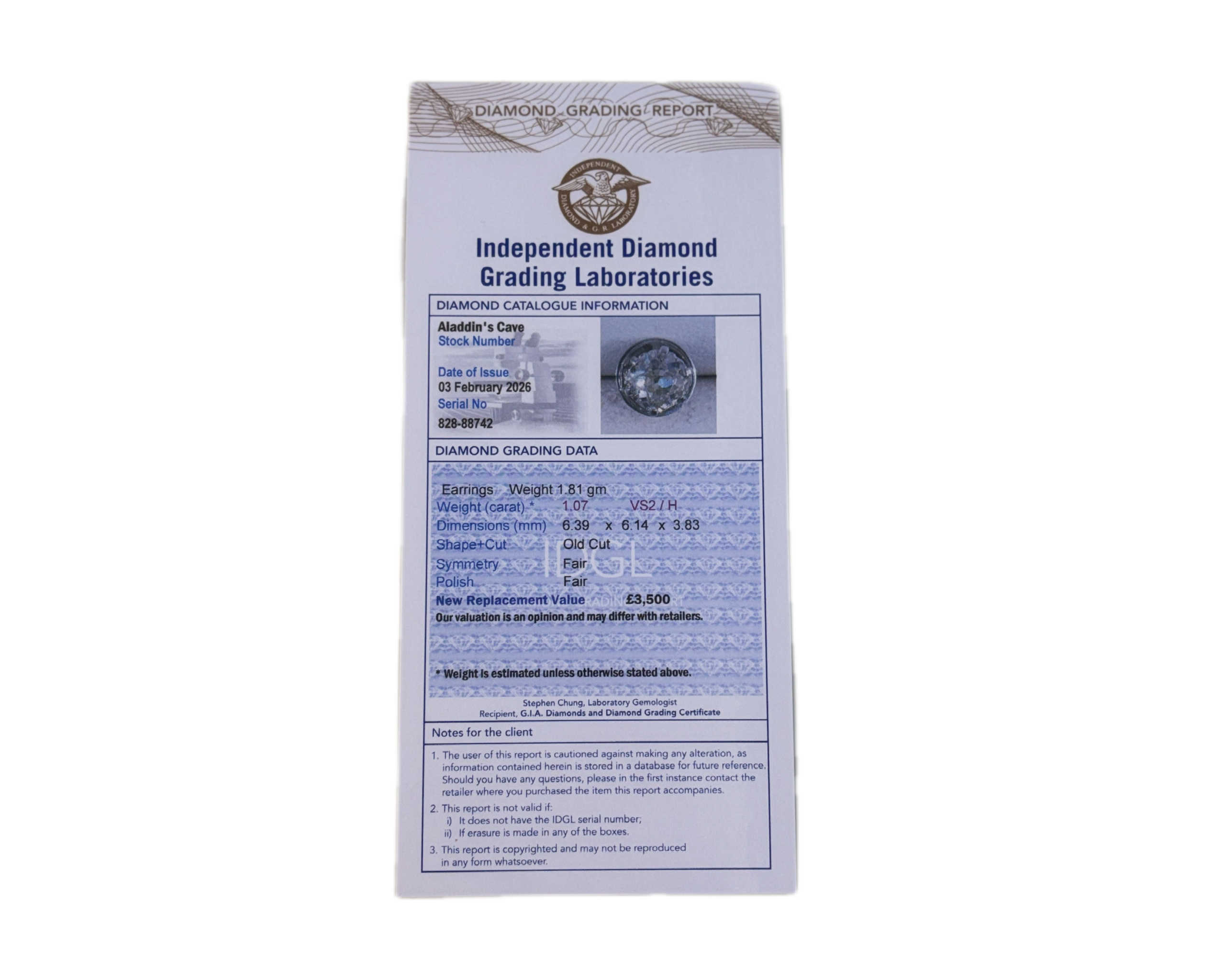 diamond studs certificate