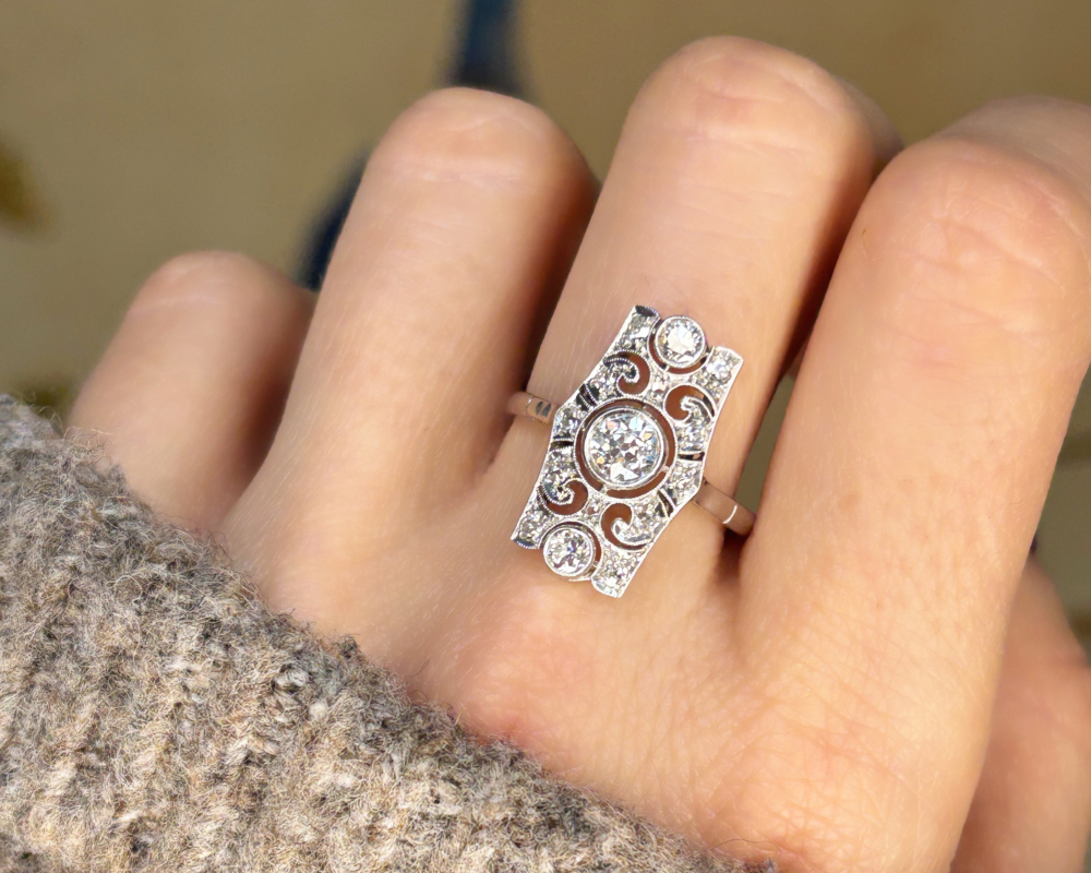 antique art deco panel ring in platinum for sale in Leeds, Uk, shown on woman's hand