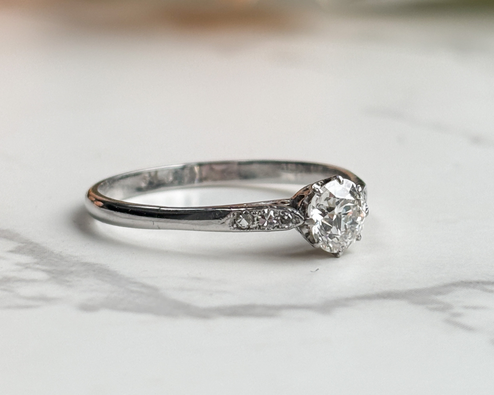 antique Art Deco 1930s diamond solitaire 0.45ct for sale in Leeds. Showing side of the ring