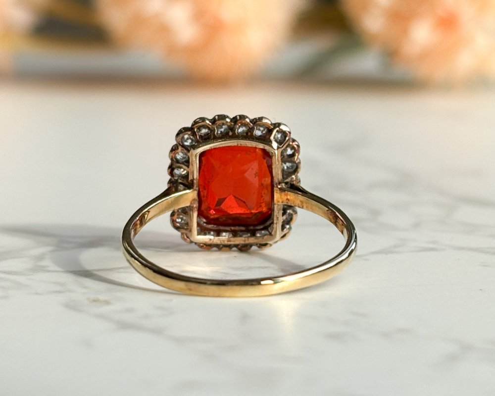Art Deco fire opal and diamond ring in 18ct yellow gold for sale in Leeds, showing back view