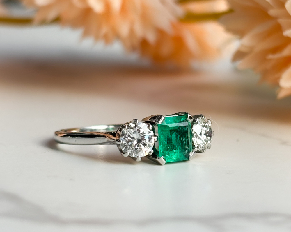 antique Art Deco emerald and diamond three stone ring for sale in Leeds, showing side of the ring
