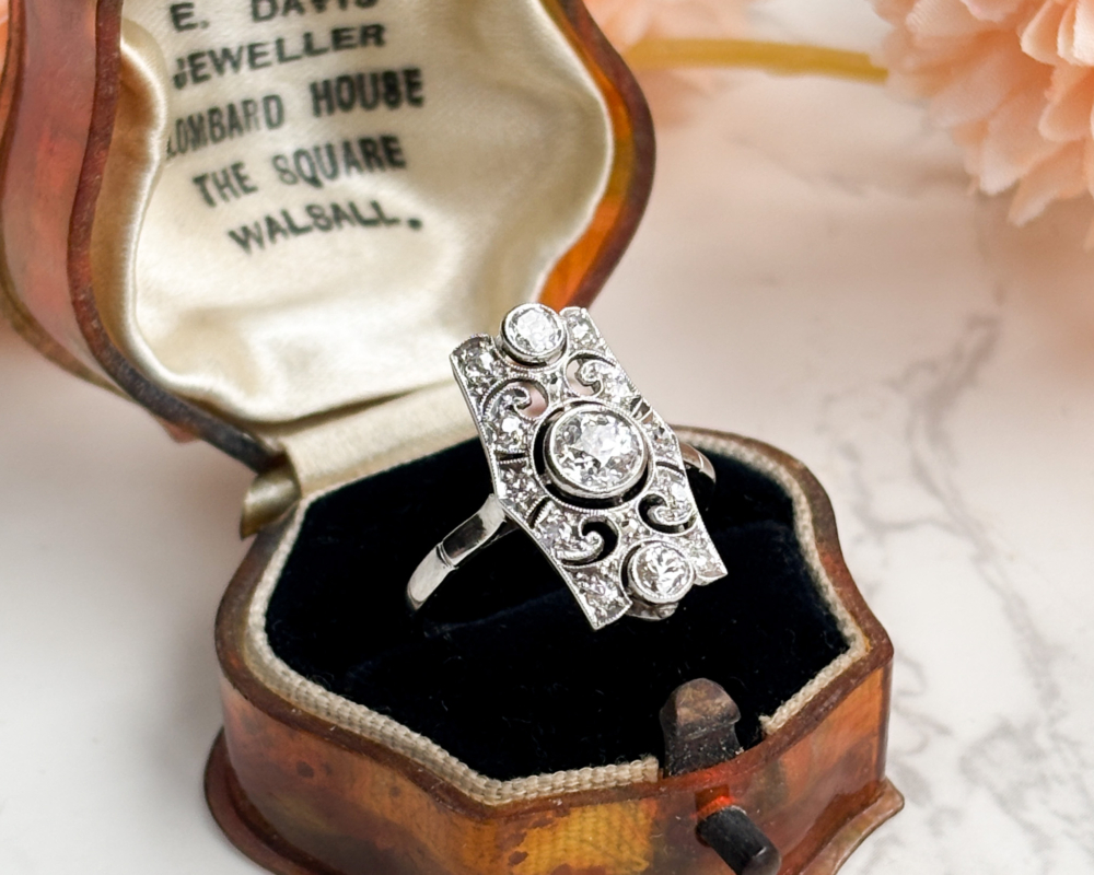 antique art deco panel ring in platinum for sale in Leeds, Uk