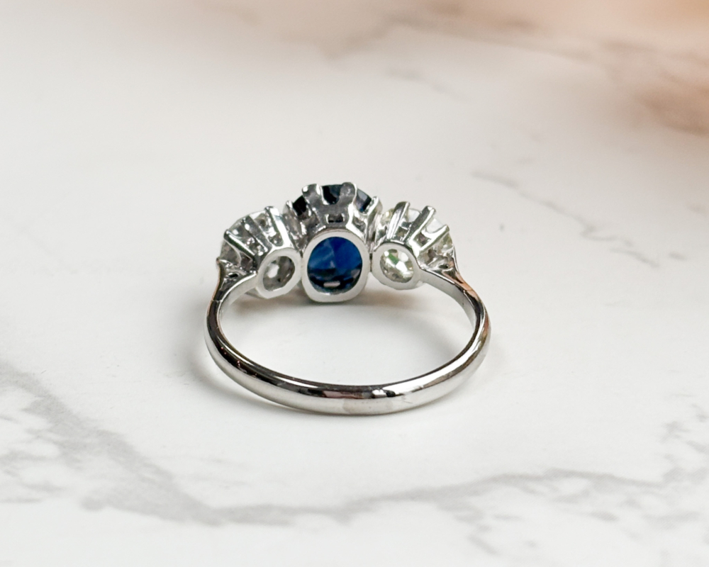 art deco sapphire and diamond three stone in platinum with 2ct sapphire and 1.2ct diamonds for sale in Leeds, showing back of the ring