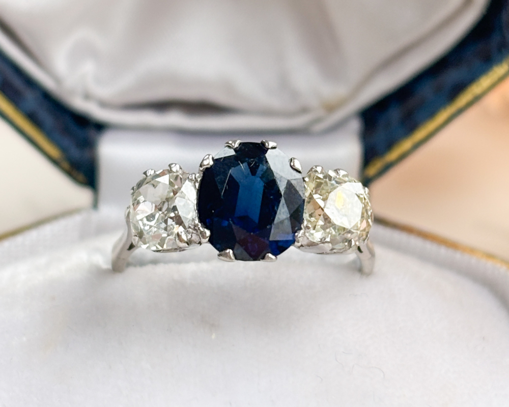 art deco sapphire and diamond three stone in platinum with 2ct sapphire and 1.2ct diamonds for sale in Leeds, in antique box
