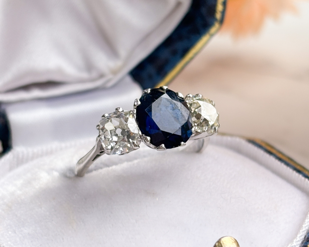 art deco sapphire and diamond three stone in platinum with 2ct sapphire and 1.2ct diamonds for sale in Leeds, in antique box