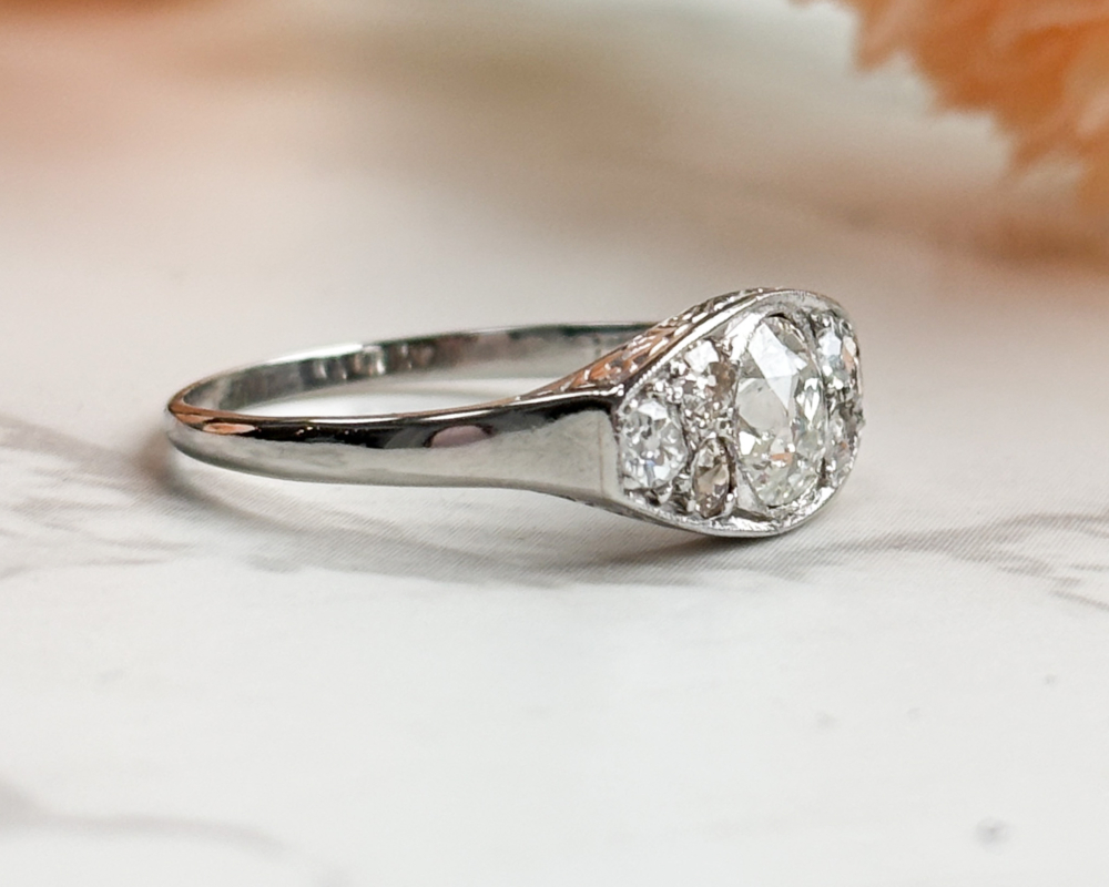 antique Art Deco diamond boat ring 1ct old cut diamonds in platinum. for sale in Leeds. showing side of the ring