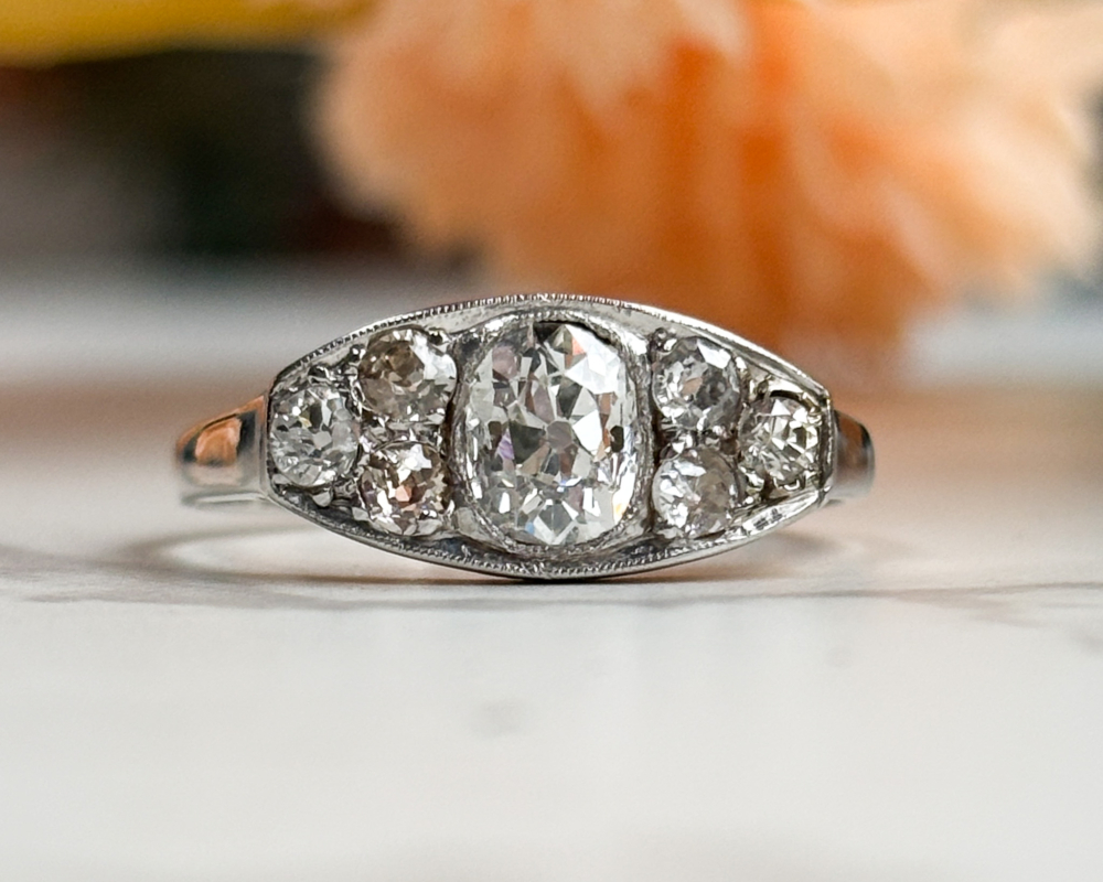 antique Art Deco diamond boat ring 1ct old cut diamonds in platinum. for sale in Leeds.