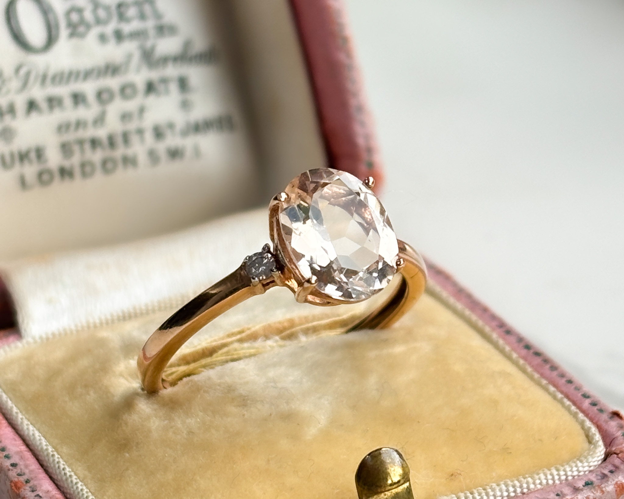 9ct rose gold morganite and diamond ring for sale in Leeds, shown in an antique pink box